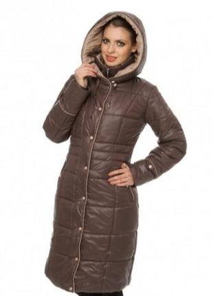 Довге тепле пальто з капюшоном під еко шкіру mexx
