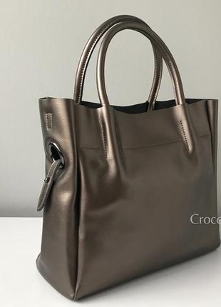 Кожаная сумка среднего размера 39977 длинный плечевой ремешок в комплекте бронза коричневая4 фото