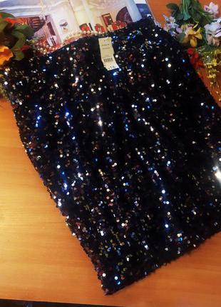 Красива юбка спідниця  коротка мини паєтки перевертиші чорні сріблясті 14/42 нова етикетка2 фото