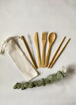 Универсальный эко набор многоразовых столовых приборов из бамбука: ложка, вилка, нож, палочки и трубочка для1 фото