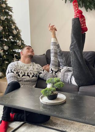 Свитер с оленями шерстяной, тёплая кофта, светр різдвяний, фемили лук