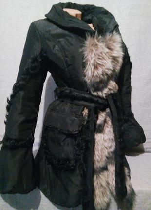 Куртка зимняя черная теплая пальто с натуральным мехом
