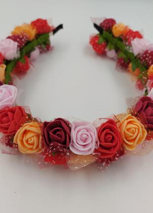 Веночек обруч ободок на волосы, розы красные, розовые, бордовые, оранжевые1 фото