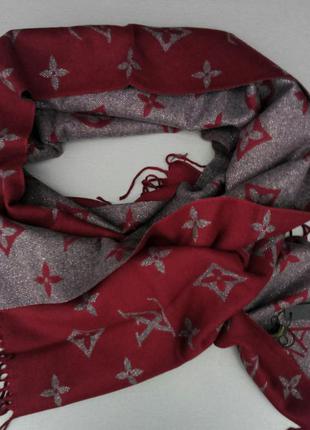 Louis vuitton жіночий кашеміровий шарф теплий щільний бордово сірий з люрексом1 фото