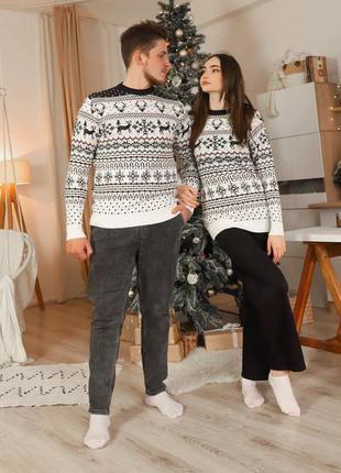 Фемили лук комплект свитеров с оленями серо белый комплект, подарочный набор свитеров3 фото