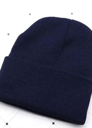 Однотонная акриловая шапка-бини осень зима унисекс оверсайз синяя
