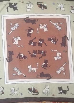 Винтажный шёлковый платочек с кошками, шов роуль.
