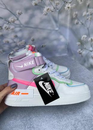 Женские зимние высокие белые с разноцветным кожаные кроссовки на меху nike air force 🆕3 фото