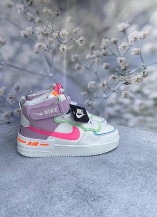 Женские зимние высокие белые с разноцветным кожаные кроссовки на меху nike air force 🆕4 фото