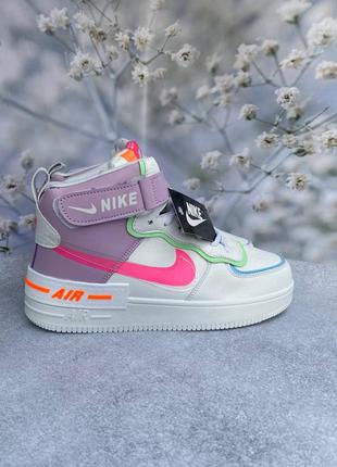 Женские зимние высокие белые с разноцветным кожаные кроссовки на меху nike air force 🆕7 фото