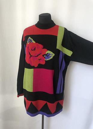 Винтаж колорблок роза джемпер розовый салатовый черный