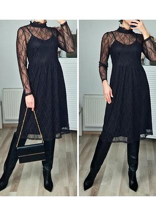 Роскошное миди платье нарядное платье ажурное черное кружевное плиссе