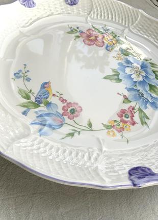 Блюдо керамика белая глина япония винтаж тарелка форма круг цвет голубой белый цветы птицы посуда7 фото
