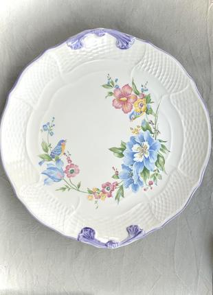 Блюдо керамика белая глина япония винтаж тарелка форма круг цвет голубой белый цветы птицы посуда