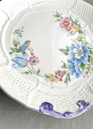 Блюдо керамика белая глина япония винтаж тарелка форма круг цвет голубой белый цветы птицы посуда2 фото