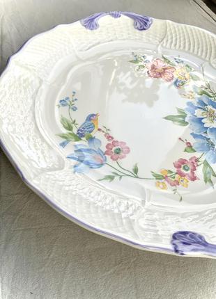Блюдо керамика белая глина япония винтаж тарелка форма круг цвет голубой белый цветы птицы посуда3 фото