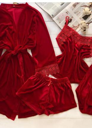 Велюровая бархатная красная пижама четверка, велюрова піжама четвірка