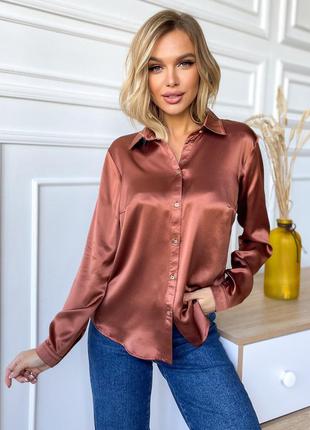 Шовкова сорочка  коричнева блузка. жіноча класична сорочка з натурального шовку