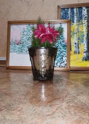 Ваза винтаж германия стекло металл кованая ваза в металлической подставке