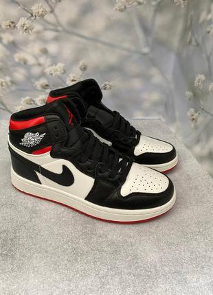 Мужские демисезонные высокие кожаные черно-белые с красным  кроссовки nike fall air jordan 1 🆕