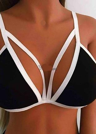 Стильный черный непрозрачный лиф топ бюстгальтер "азия" с белыми широкими шлейками лямками