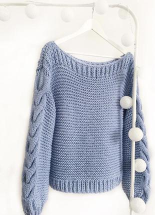 Женский вязаный свитер с косой объёмный оверсайз ручная работа