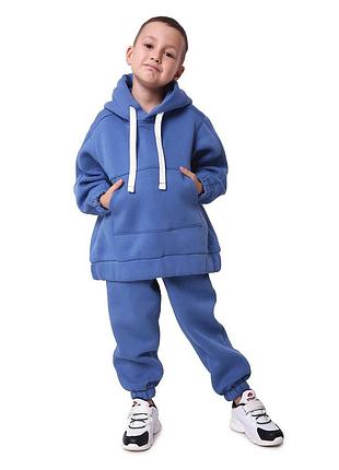 Костюм двойка детский спортивный, худи кенгуру оверсайз, для мальчика, теплый с начесом, серо синий