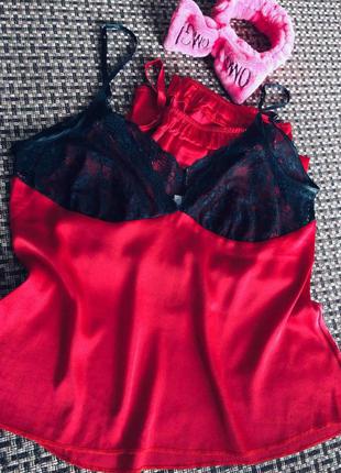 Элитная атласная рубиновая пижама майка топ/кюлоты с soft кружевом fluffy.5 фото