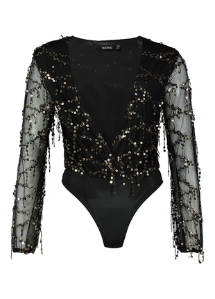 Боді в паєтках з v-подібним вирізом boohoo/чорний боді сітка з рукавами-воланами
