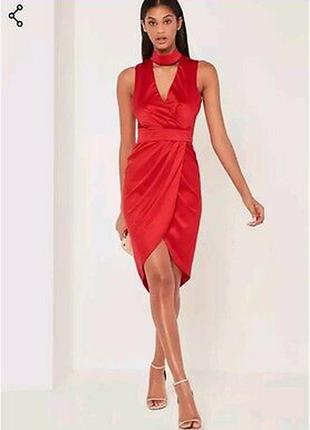 Атласное платье-чокер миди красное.missguided9 фото