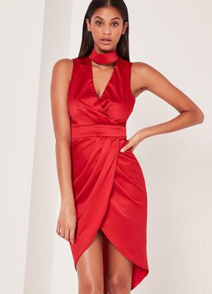 Атласное платье-чокер миди красное.missguided