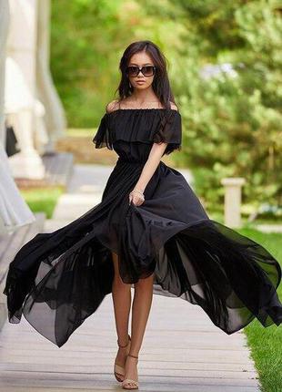 Шифовое длинное платье черное с воланами