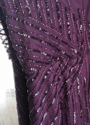 Идеальное баклажановое вечернее платье в пол обшитое бисером с разрезом на ноге7 фото