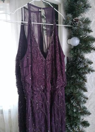Идеальное баклажановое вечернее платье в пол обшитое бисером с разрезом на ноге2 фото