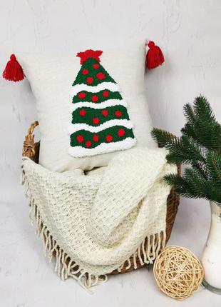 Стильна новорічна лляна подушка ручної роботи1 фото