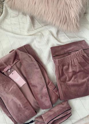 Велюровий комплект "шаль" для дому, піжама, темная пудра пижама, домашний костюм кимоно/халат и брюки/бежевый домашний костюм халат штаны