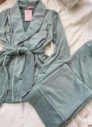 Велюровий комплект "шаль" для дому, піжама, темная пудра пижама, домашний костюм кимоно/халат и брюки/бежевый домашний костюм халат штаны2 фото