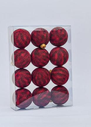 Набір ялинкових іграшок із ниткових кульок 6,5 см, 12 шт мікс темно-червоний