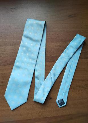 Шёлковый бело голубой галстук с принтом бежевые ромбы квадраты hugo boss