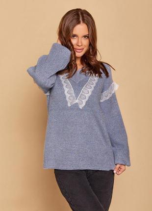 Сиреневый шерстяной пуловер с кружевом1 фото
