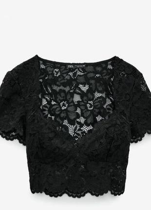 Zara🔥красивый нарядний чёрный/чорний кружевний кроп-топ h&m oysho.