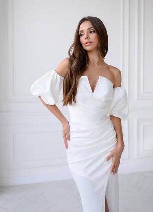 ‼️🆘 белое нарядное корсетное платье миди атлас с рукавом фонарик