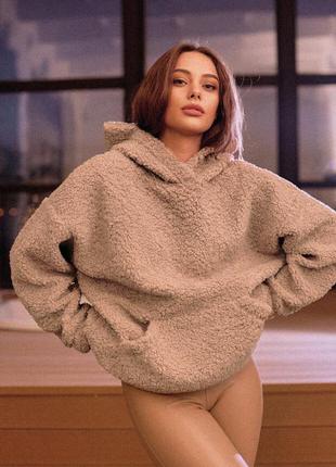 Толстовка оверсайз з капюшоном з кишенею хутряна коричневий 4 кольори