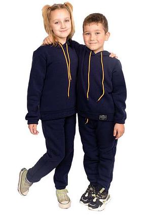 Якісний теплий костюм з капюшоном трехнитка на флісі синього кольору