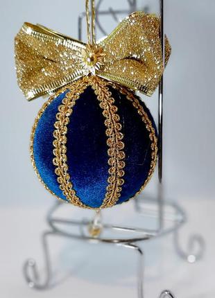 Ялинкова куля ручної роботи 8см синій велюр(морської хвилі) з золотом