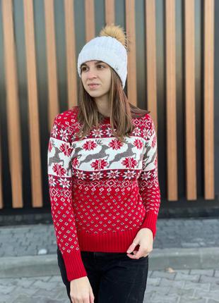 Теплый женский свитер с оленями красный, женский новогодний свитер вязаный3 фото