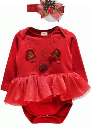 Сукня+пов'язка червона , зелена та бежева "олень" baby lux