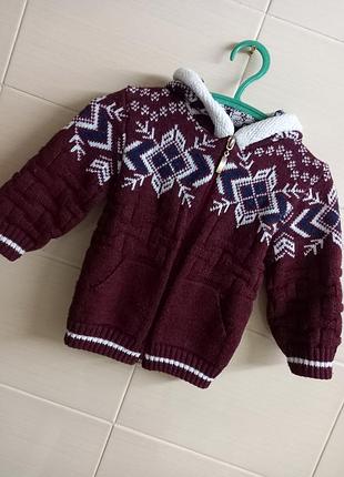 Свитер вязанный кофта кофточка свитерок с капюшоном  новогодний