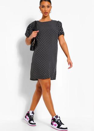 Немнущиеся👗 платье в горошек с пышным рукавом размер l-xl