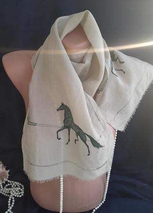 Polo silk 🐎шарф кінь скакун  гра поло ніжний оливковий вінтаж 100% натуральний шовк кінь кінь